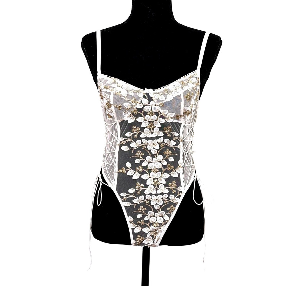 Womens White Gold Floral Embroidered Mesh Bodysuit Smal Lace Up Lingerie Bridal